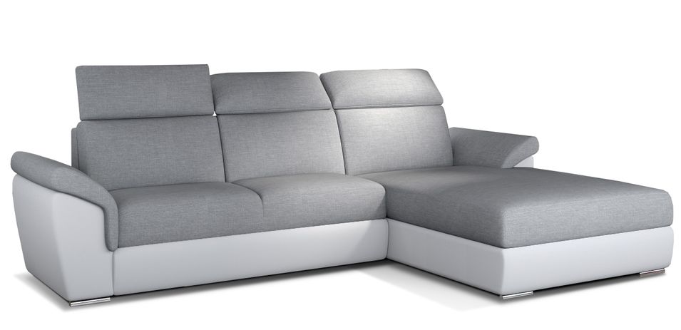 Canapé convertible d'angle droit simili blanc et tissu gris clair Suzy 272 cm - Photo n°1