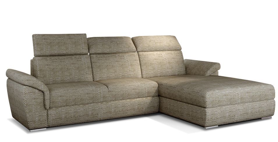 Canapé convertible d'angle droit tissu beige clair chiné têtières réglables Suzy 272 cm - Photo n°1