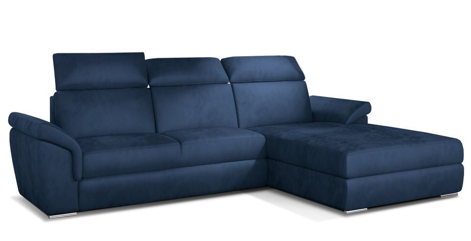 Canapé convertible d'angle droit velours bleu têtières réglables Suzy 272 cm - Photo n°1