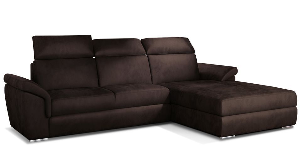 Canapé convertible d'angle droit velours chocolat têtières réglables Suzy 272 cm - Photo n°1