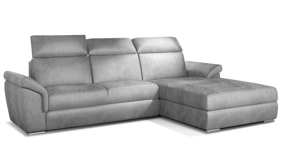 Canapé convertible d'angle droit velours gris clair têtières réglables Suzy 272 cm - Photo n°1