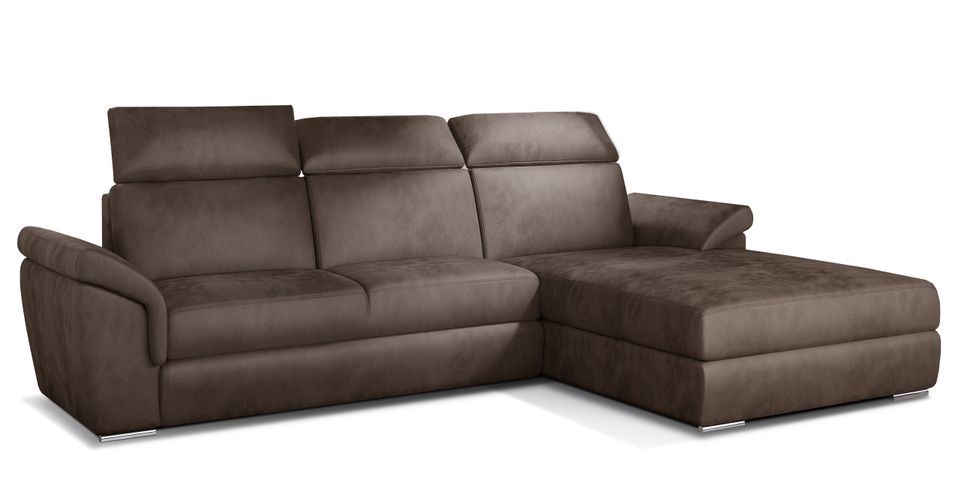 Canapé convertible d'angle droit velours marron têtières réglables Suzy 272 cm - Photo n°1