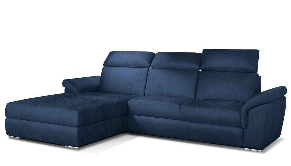Canapé convertible d'angle gauche velours bleu têtières réglables Suzy 272 cm - Photo n°1