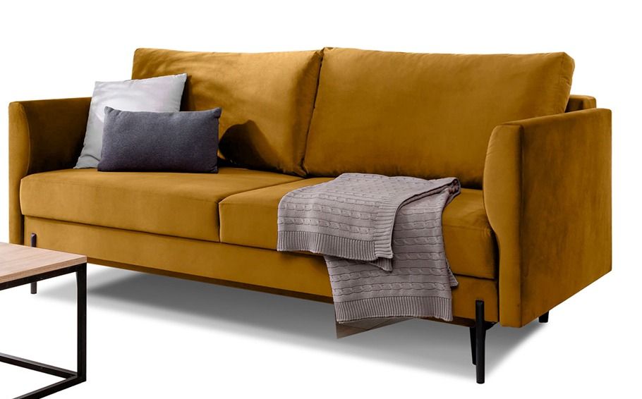 Canapé convertible 4 places velours ROBBY 215 cm – Rangement et pieds métal noir - Photo n°1