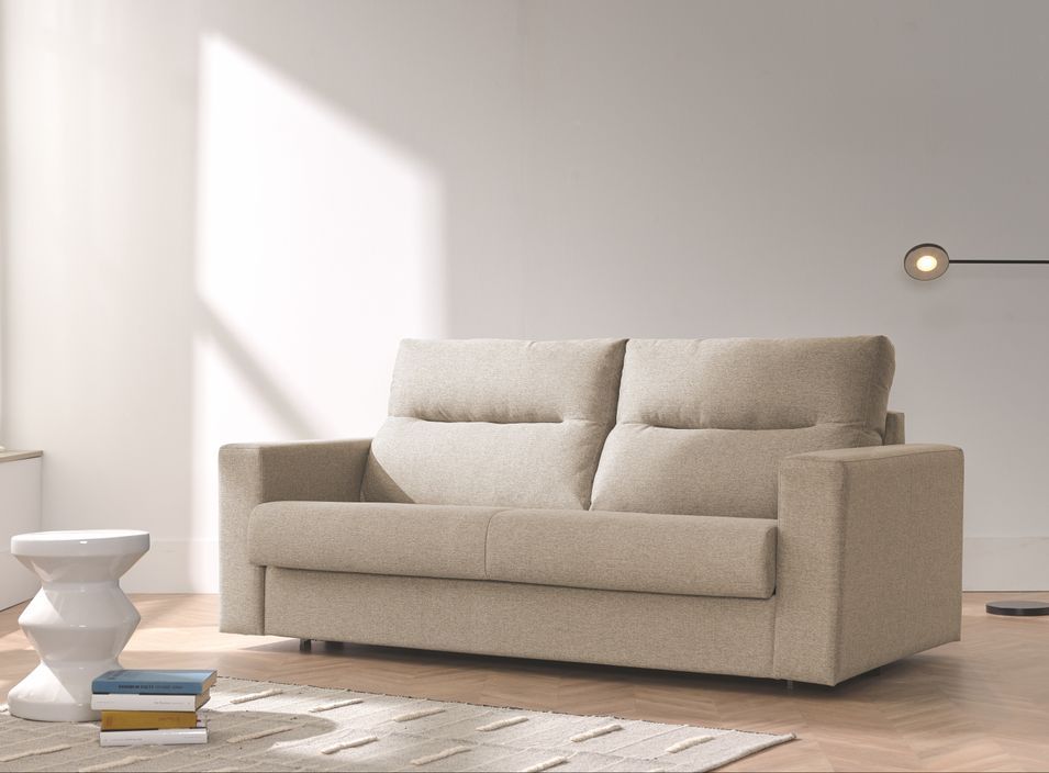 Canapé convertible matelas 15 cm tissu beige Mazena 199 cm - Photo n°1