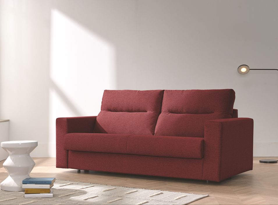 Canapé convertible matelas 15 cm tissu bordeaux Mazena 199 cm - Photo n°1