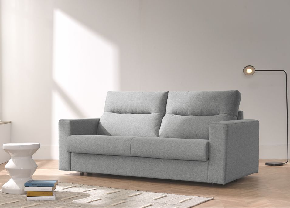 Canapé convertible matelas 15 cm tissu gris Mazena 199 cm - Photo n°1