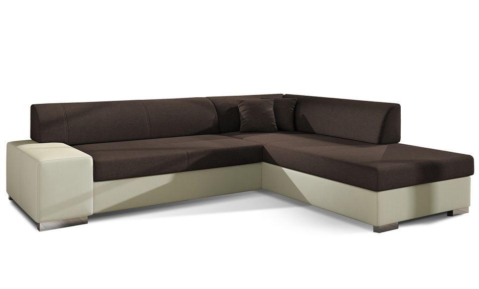 Canapé convertible moderne angle droit tissu marron et simili cuir beige Plazo 278 cm - Photo n°1