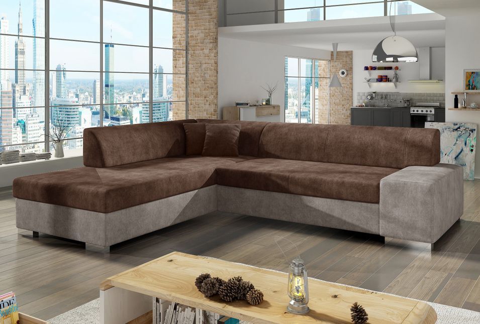 Canapé convertible moderne angle gauche tissu doux gris et marron Plazo 278 cm - Photo n°1