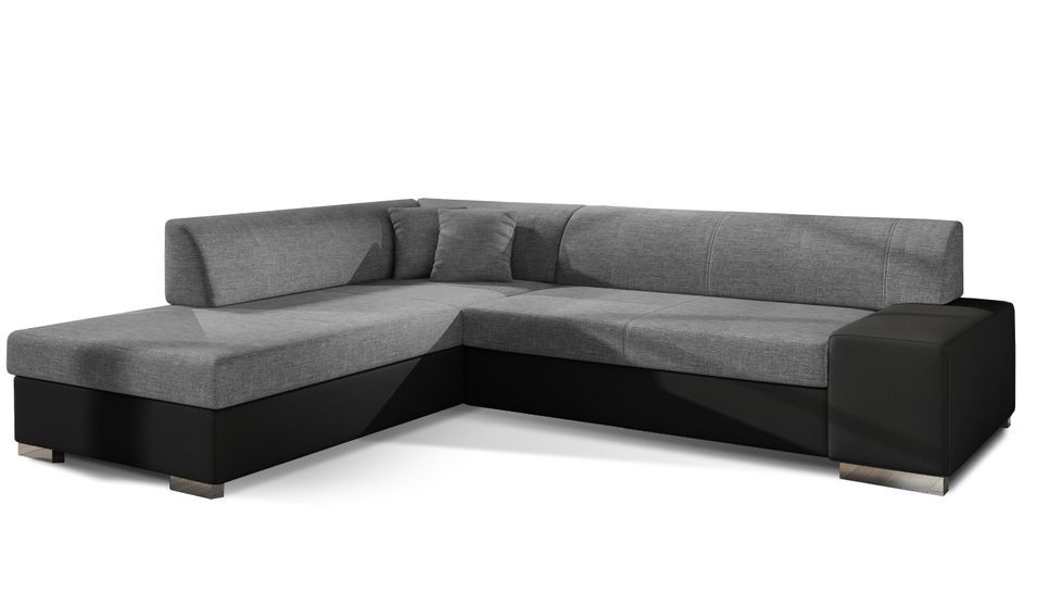 Canapé convertible moderne angle gauche tissu gris clair chiné et simili cuir noir Plazo 278 cm - Photo n°1