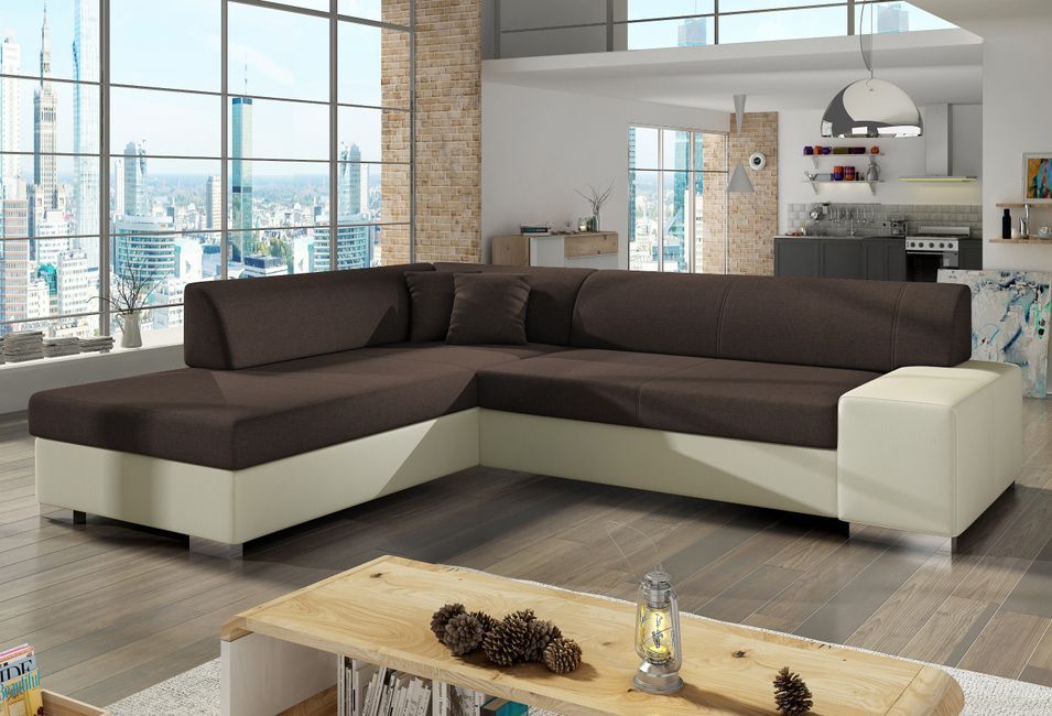 Canapé convertible moderne angle gauche tissu marron et simili cuir beige Plazo 278 cm - Photo n°1