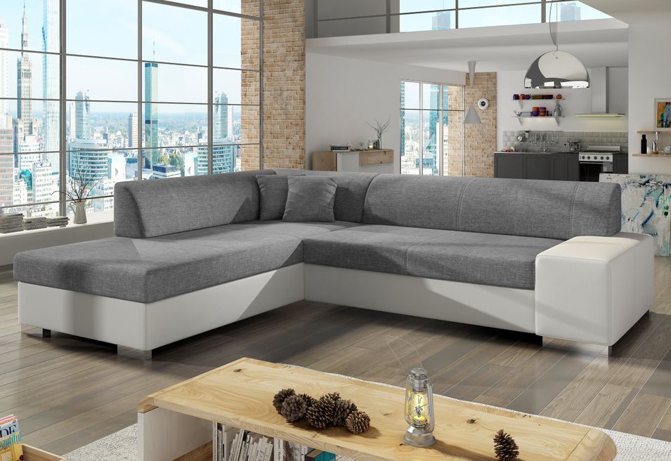 Canapé convertible moderne angle gauche gris clair chiné et simili cuir blanc Plazo 278 cm - Photo n°1