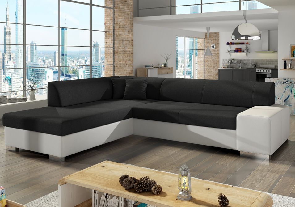 Canapé convertible moderne angle gauche tissu noir et simili cuir blanc Plazo 278 cm - Photo n°1
