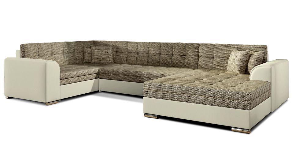 Canapé convertible panoramique tissu beige chiné et simili beige méridienne à droite Diana 340 cm - Photo n°1