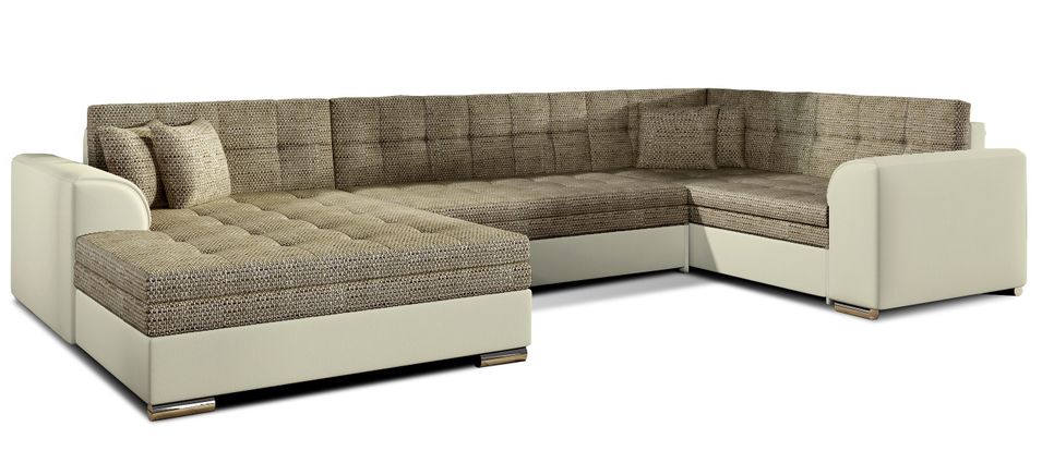 Canapé convertible panoramique tissu beige chiné et simili beige méridienne à gauche Diana 340 cm - Photo n°1