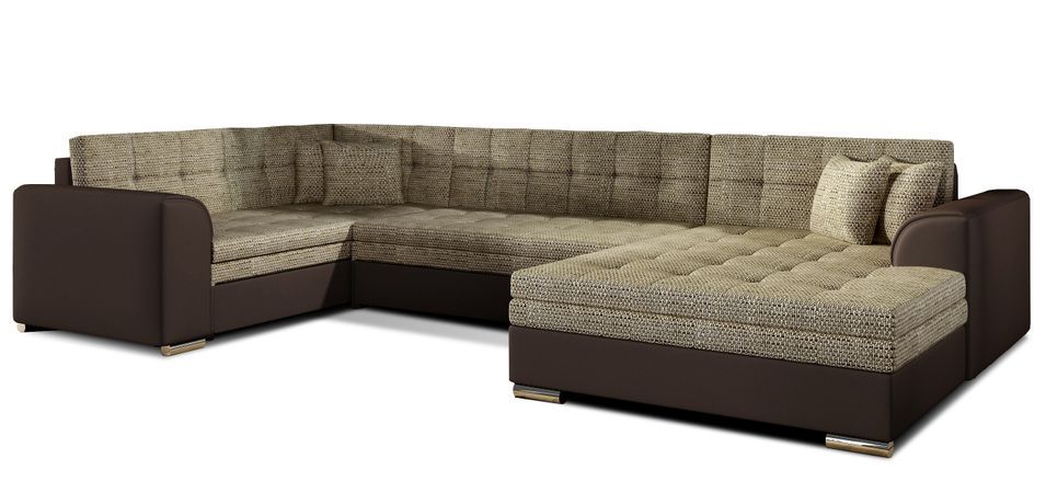 Canapé convertible panoramique tissu beige chiné et simili marron méridienne à droite Diana 340 cm - Photo n°1