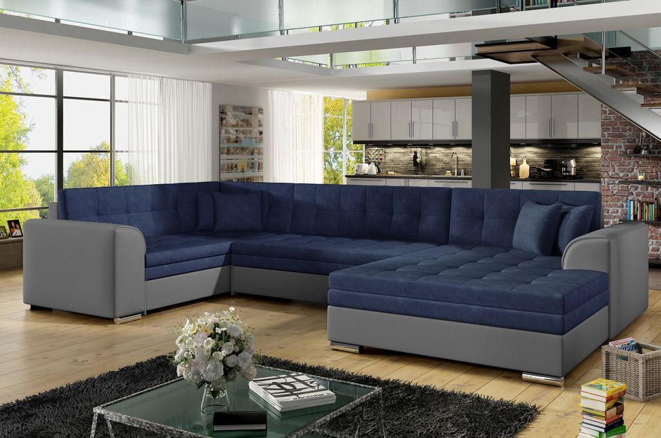 Canapé convertible panoramique tissu bleu marine et simili gris méridienne à droite Diana 340 cm - Photo n°1