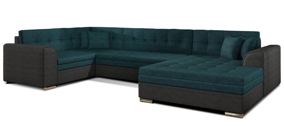 Canapé convertible panoramique tissu doux vert et gris foncé méridienne à droite Diana 340 cm - Photo n°1