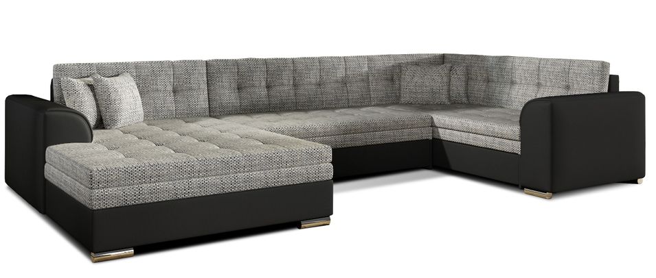 Canapé convertible panoramique tissu gris chiné et simili noir méridienne à gauche Diana 340 cm - Photo n°1