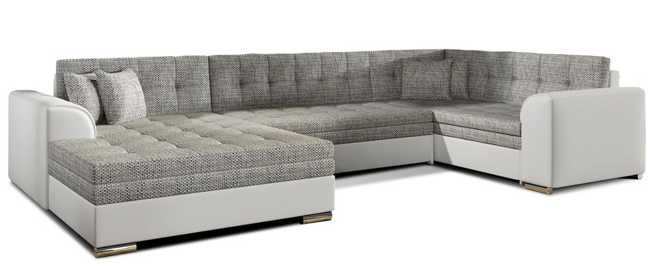 Canapé convertible panoramique tissu gris clair chiné et simili blanc méridienne à gauche Diana 340 cm - Photo n°1
