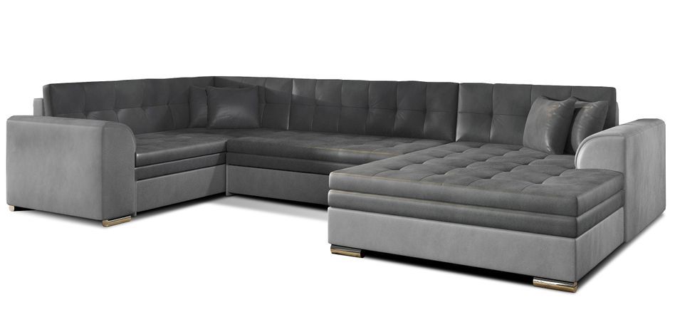 Canapé convertible panoramique velours gris clair et anthracite méridienne à droite Diana 340 cm - Photo n°1