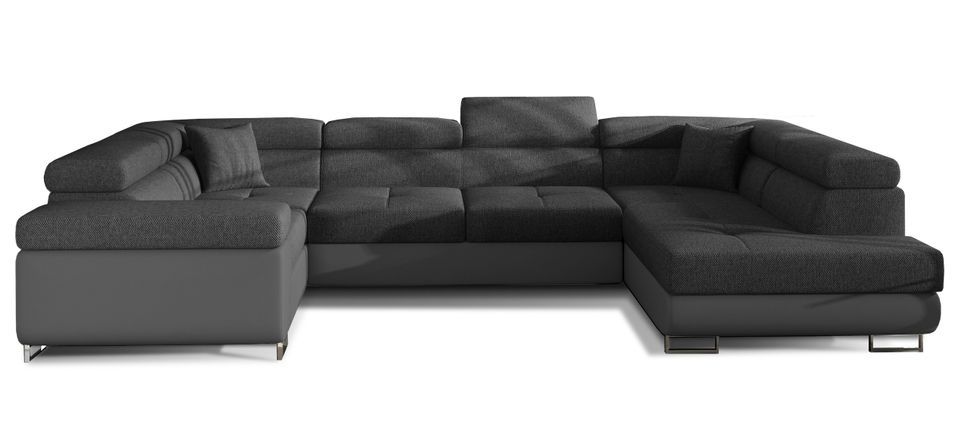 Canapé convertible U droit tissu gris foncé et simili gris avec coffre de rangement Tovy 340 cm - Photo n°1