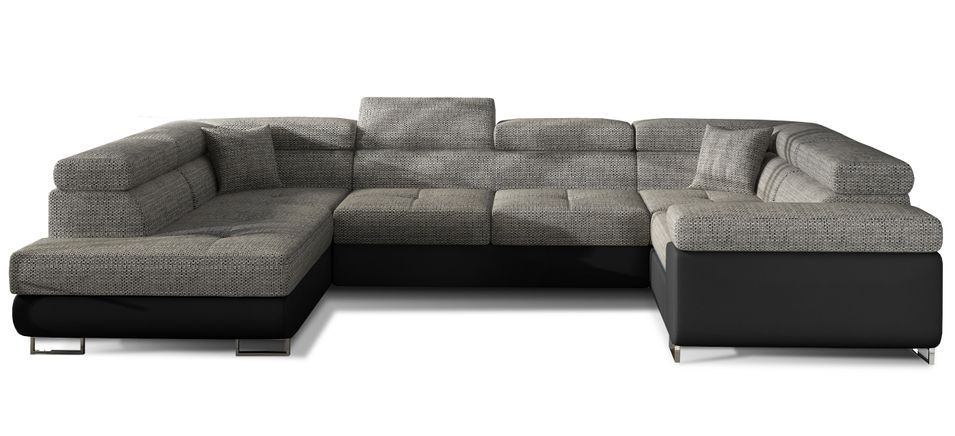 Canapé convertible U gauche tissu gris chiné et simili noir avec coffre de rangement Tovy 340 cm - Photo n°1