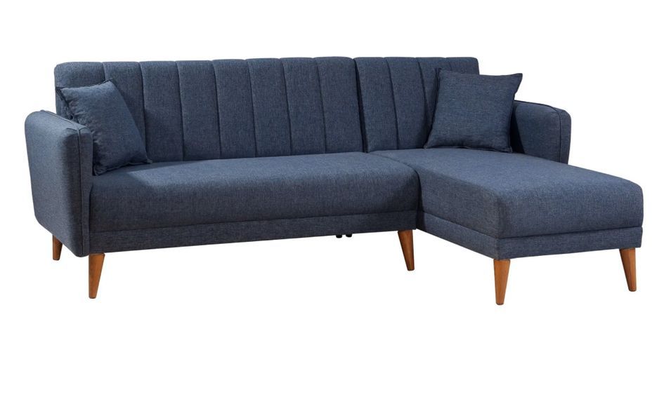Canapé d'angle à droite convertible lin bleu foncé Bompart 225 cm - Photo n°1