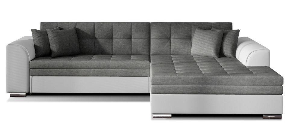 Canapé d’angle convertible 4 places LOOKA en tissu et simili cuir avec pieds en métal chromé – 296 cm - Photo n°1