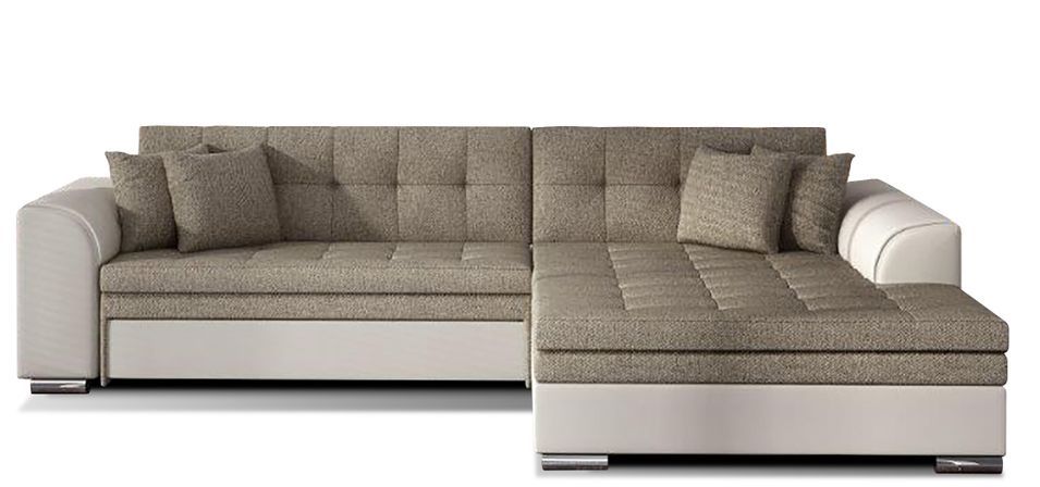 Canapé d’angle convertible 4 places LOOKA en tissu et simili cuir avec pieds en métal chromé – 296 cm - Photo n°1