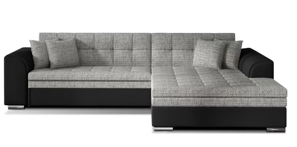 Canapé d’angle convertible 4 places LOOKA en tissu et simili cuir avec pieds en métal chromé – 296 cm - Photo n°1