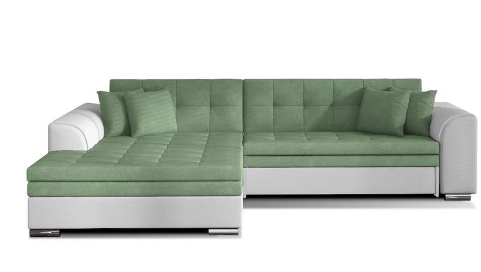 Canapé d’angle convertible 4 places LOOKA en tissu et simili cuir avec pieds en métal chromé – 296 cm - Photo n°1
