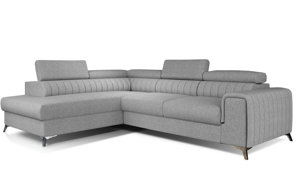 Canapé d'angle convertible 5 places tissu LOZA 278 cm - Appuis-tête réglables, coffre et pieds acier chromé - Photo n°1