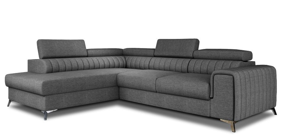 Canapé d'angle convertible 5 places tissu LOZA 278 cm - Appuis-tête réglables, coffre et pieds acier chromé - Photo n°1
