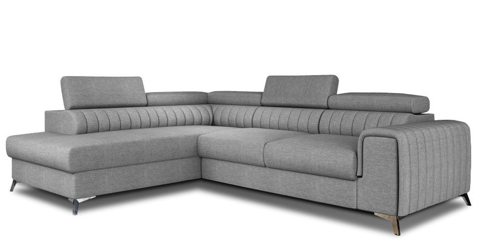 Canapé d'angle convertible 5 places tissu LOZA 278 cm - Appuis-tête réglables, coffre et pieds acier chromé - Photo n°1