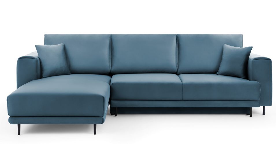 Canapé d'angle convertible 5 places velours DAVINA 289 cm - Coffre et pieds métal noir - Photo n°1