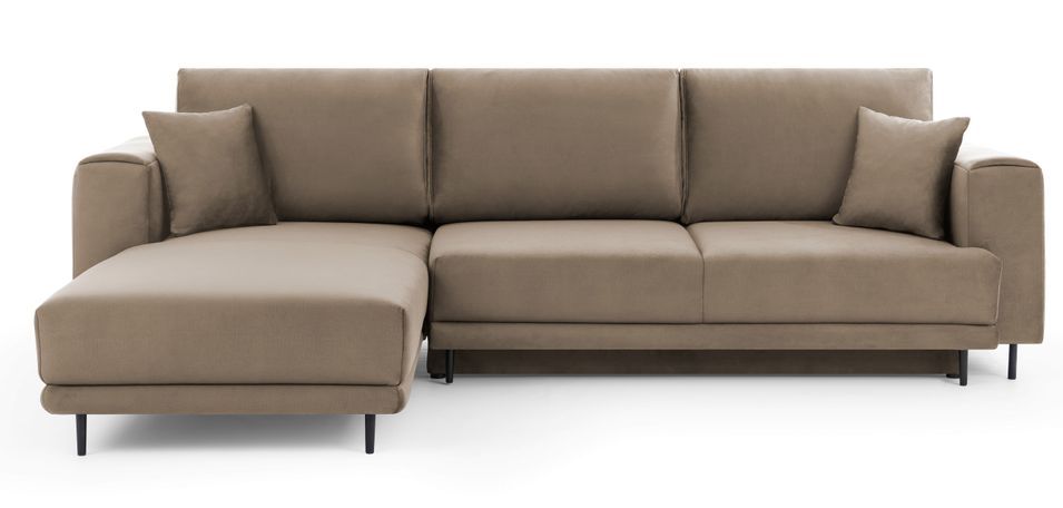 Canapé d'angle convertible 5 places velours DAVINA 289 cm - Coffre et pieds métal noir - Photo n°1