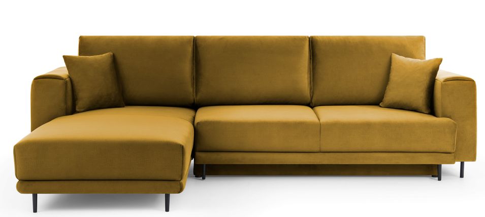 Canapé d'angle convertible 5 places velours DAVINA 289 cm - Coffre et pieds métal noir - Photo n°1