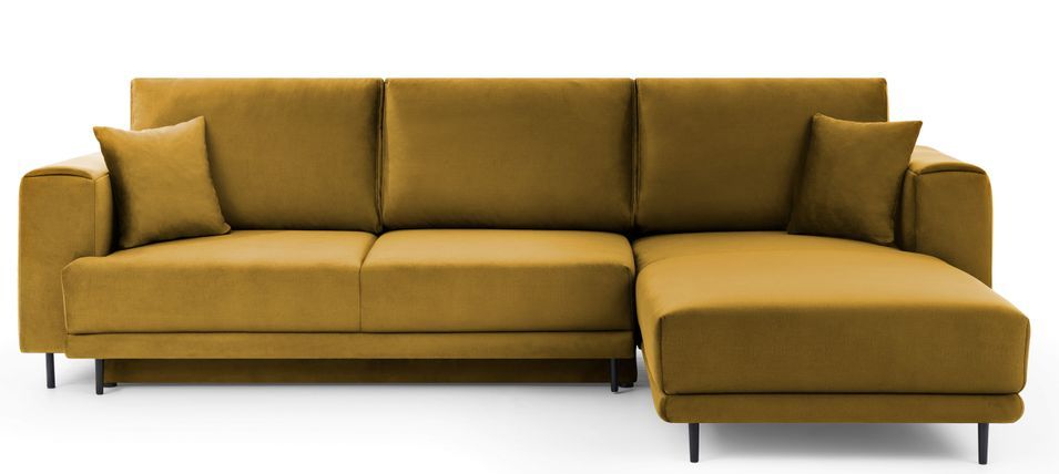 Canapé d'angle convertible 5 places velours DAVINA 289 cm - Coffre et pieds métal noir - Photo n°1