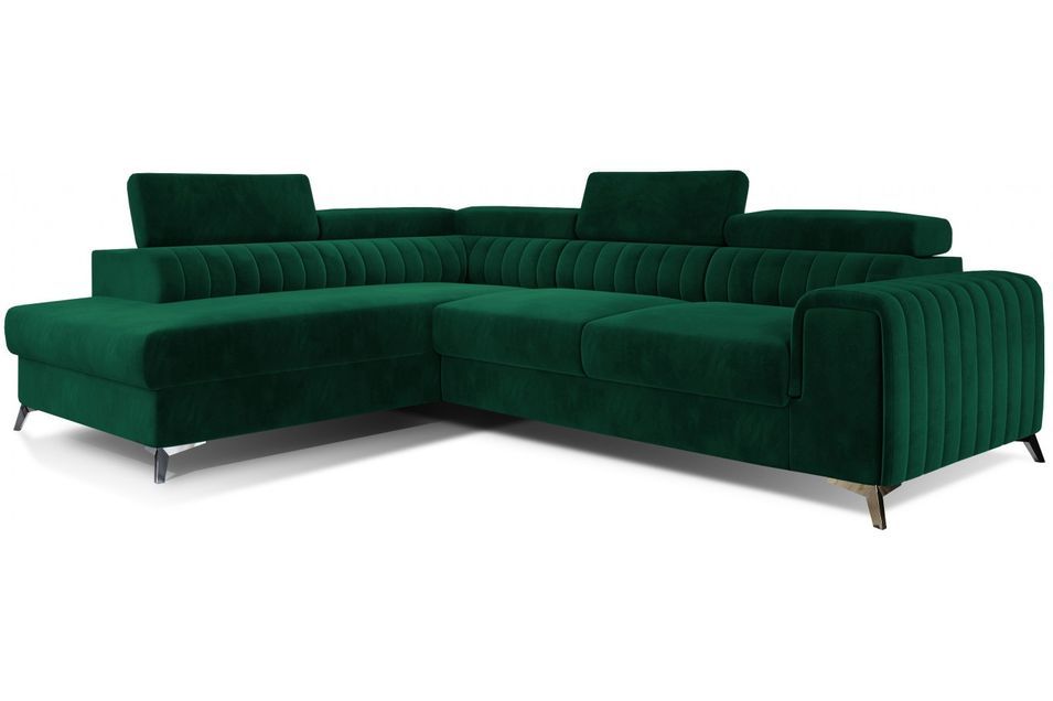 Canapé d'angle convertible 5 places velours LOZA 278 cm - Appuis-tête réglables, coffre et pieds acier chromé - Photo n°1