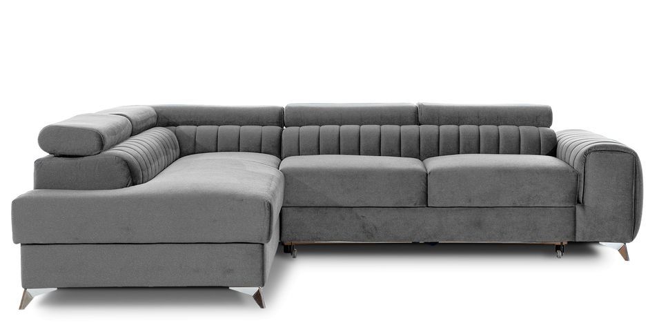Canapé d'angle convertible 5 places velours LOZA 278 cm - Appuis-tête réglables, coffre et pieds acier chromé - Photo n°1
