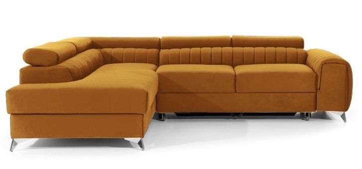 Canapé d'angle convertible 5 places velours LOZA 278 cm - Appuis-tête réglables, coffre et pieds acier chromé - Photo n°1