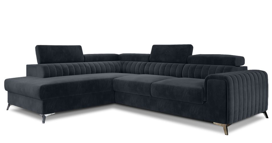 Canapé d'angle convertible 5 places velours LOZA 278 cm - Appuis-tête réglables, coffre et pieds acier chromé - Photo n°1
