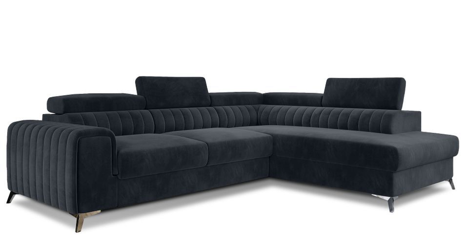 Canapé d'angle convertible 5 places velours LOZA 278 cm - Appuis-tête réglables, coffre et pieds acier chromé - Photo n°1