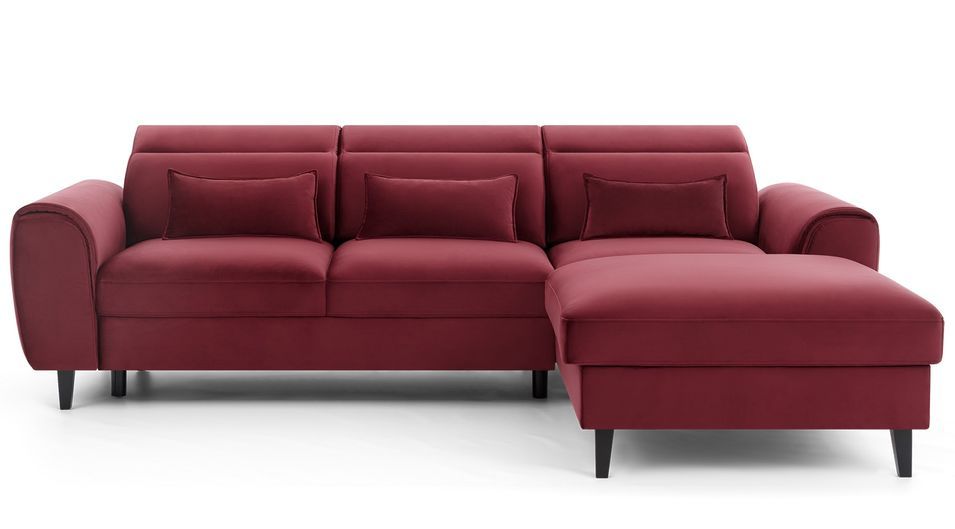 Canapé d’angle convertible ASTORIA en velours avec coffre, têtières réglables et pieds en bois noir – 267 cm - Photo n°1