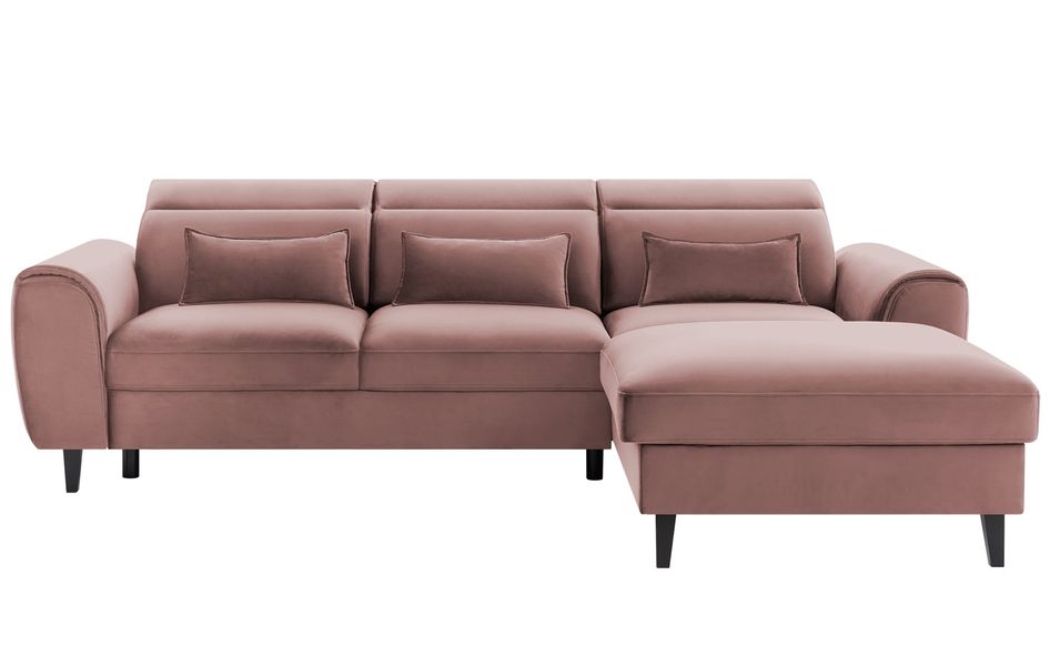 Canapé d’angle convertible ASTORIA en velours avec coffre, têtières réglables et pieds en bois noir – 267 cm - Photo n°1