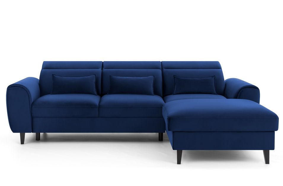 Canapé d’angle convertible ASTORIA en velours avec coffre, têtières réglables et pieds en bois noir – 267 cm - Photo n°1