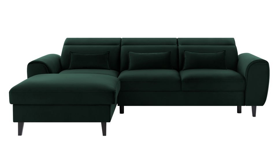 Canapé d’angle convertible ASTORIA en velours avec coffre, têtières réglables et pieds en bois noir – 267 cm - Photo n°1