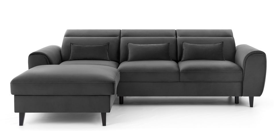 Canapé d’angle convertible ASTORIA en velours avec coffre, têtières réglables et pieds en bois noir – 267 cm - Photo n°1