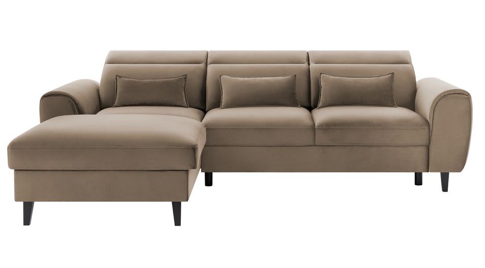 Canapé d’angle convertible ASTORIA en velours avec coffre, têtières réglables et pieds en bois noir – 267 cm - Photo n°1